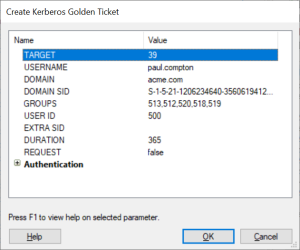Create Kerberos Golden Ticket - Module Parameters
